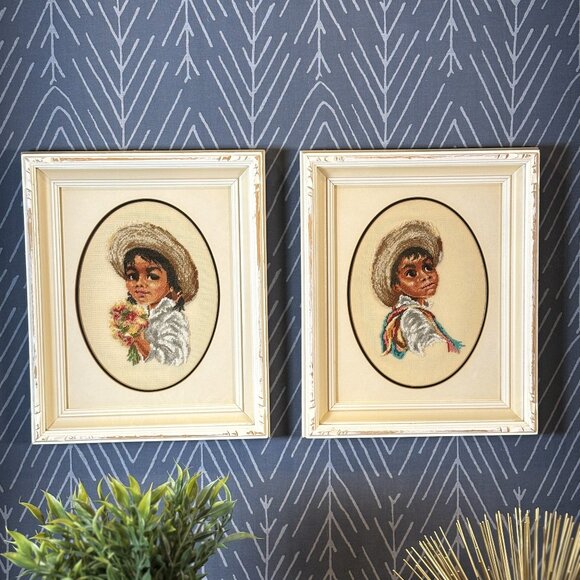 Vintage Needlepoint Art Pepe & Pepita by Jean McIntosh Set of 2 Embroidery Art - Picture 1 of 16